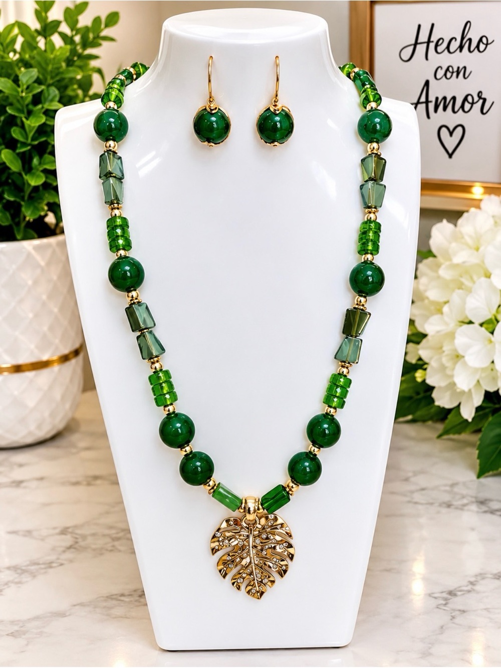 Gold Leaf Pendant Necklace with Green Beads - Women Jewelry